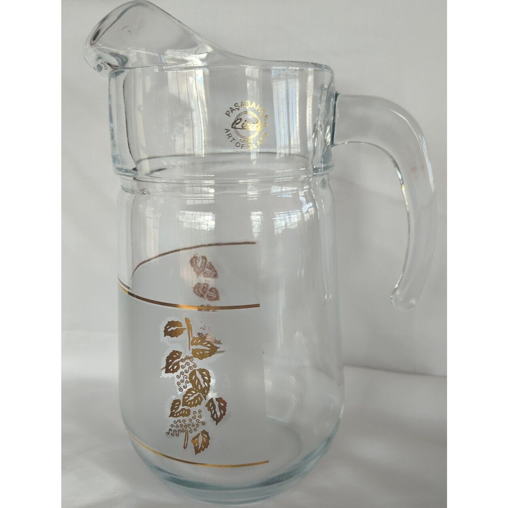 MCM Frosted Glass Gold Leaf Pitcher Pasabahce Turkey Art of Glass Circle